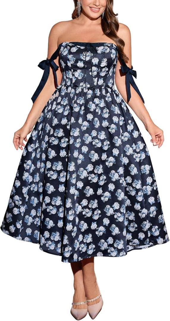EYWOL Plus Size Corset Floral Maxi Dress for Women - Lace Up A Line Wedding Guest Dress, Milkmaid Formal Cocktail Dresses, XL
