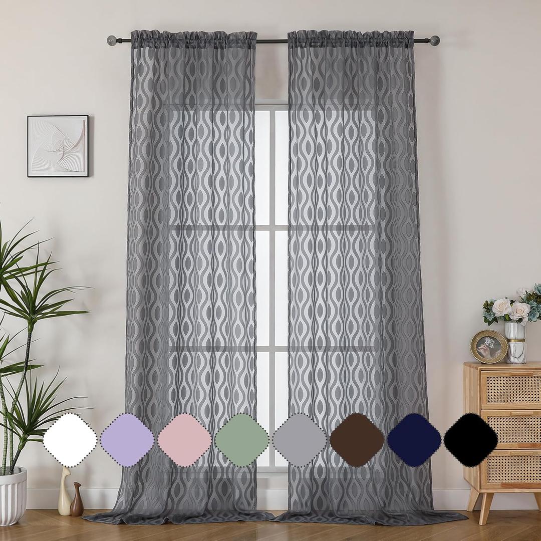 2 x Aiyufeng Extra Long Grey Sheer Curtains 96 Inches Long for Bedroom 2 Panels Set, Farmhouse Wavy Line Light Filtering Clip Jacquard Solid Voile Living Room Curtains, Dual Rod Pocket, 40" Wx96 L Inches