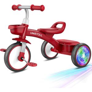 Umatoll Toddler Tricycle for 18 Month to 4 Year Old Boys Girls,Toddler Bike Toys with Adjustable Seat&Light-Up Wheels,Birthday Gift for Age 2-3 (Red)