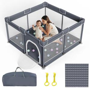 Grobeybees Baby Playpen with Mat, Playpen for Babies and Toddlers, Large Baby Play Pen with Pad, Playard with Bag, Indoor & Outdoor Play Pen, Sturdy Safety Play Yard with Soft Breathable Mesh (Grey)