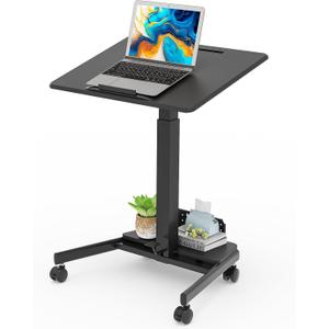JOY worker Mobile Standing Desk with 90 Tilting Desktop, Foot Pedal Pneumatic Height Adjustable Rolling Desk, Mobile Laptop Cart with Width Adjustable Storage Base, 4 Lockable Wheels, Black