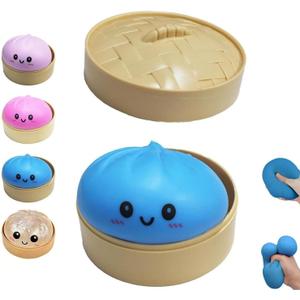 Dumpling Squishies Toy, Giant Glitter Dumpling, Colorful Dumplings Stress Balls Fidget Sensory Toy,Soft Squeeze Decompression Dough with Food Steamer, Stretchy Desk Toys (Blue)