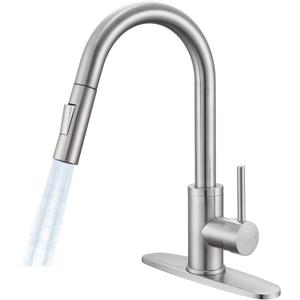 KPW Kitchen Sink Faucet with Sprayer Brushed Nickel Pull Down Kitchen Faucet High Arc Single Handle Stainless Steel 1 or 3 Hole, Kitchen Sink Faucets for Farmhouse Campervan Laundry RV