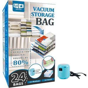 Vacuum Storage Bags with Electric Air Pump,24 Pack (12 Medium,12 Small Bags) Zip Seal Space Saver Bag for Travel Clothes,Blanket,Duvets,Pillows,Comforters (Clear) Vacuum Storage Bags with Electric Air Pump,24 Pack (12 Medium,12 Small Bags) Zip Seal Space Saver Bag for Travel Clothes,Blanket,Duvets,Pillows,Comforters (Clear)