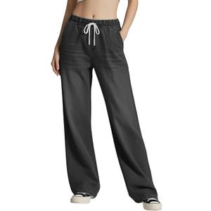 Women's Drawstring Wide Leg Jeans High Elastic Waisted Stretch Frayed Loose Fit Trouser Jeans Denim Pants (Large, 2876black) Women's Drawstring Wide Leg Jeans High Elastic Waisted Stretch Frayed Loose Fit Trouser Jeans Denim Pants (Large, 2876black)