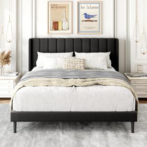 Gruwans Queen Size Bed Frame with Upholstered Wingback Headboard, Easy Assemnly Platform Bed, Wooden Slat Support No Box Spring Needed, Dark Gray