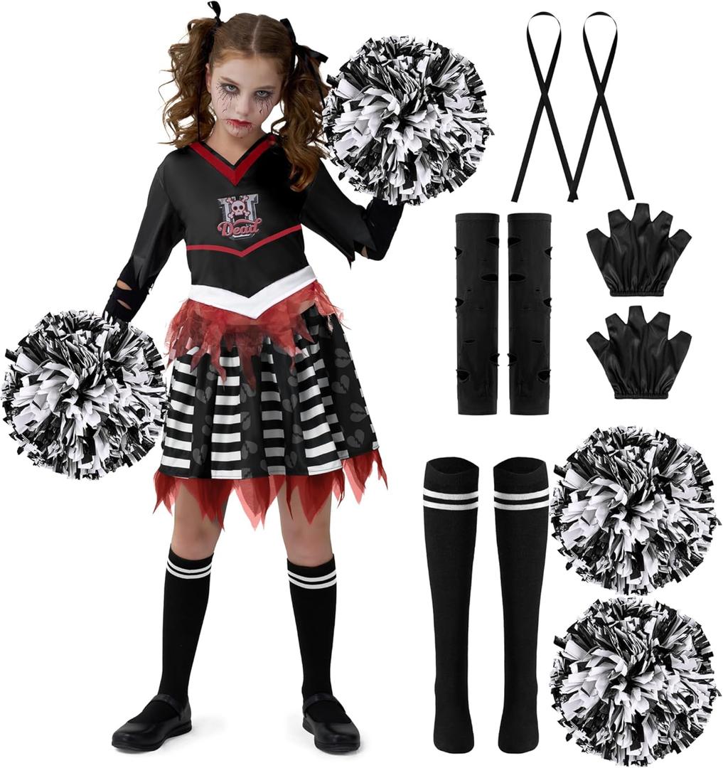 Spooktacular Creations Kids Halloween Cheerleader Costume, Zombie Cheerless Costume for Girls, Dead Cheer Outfit Toddlers (Large(10-12 yrs), Black)
