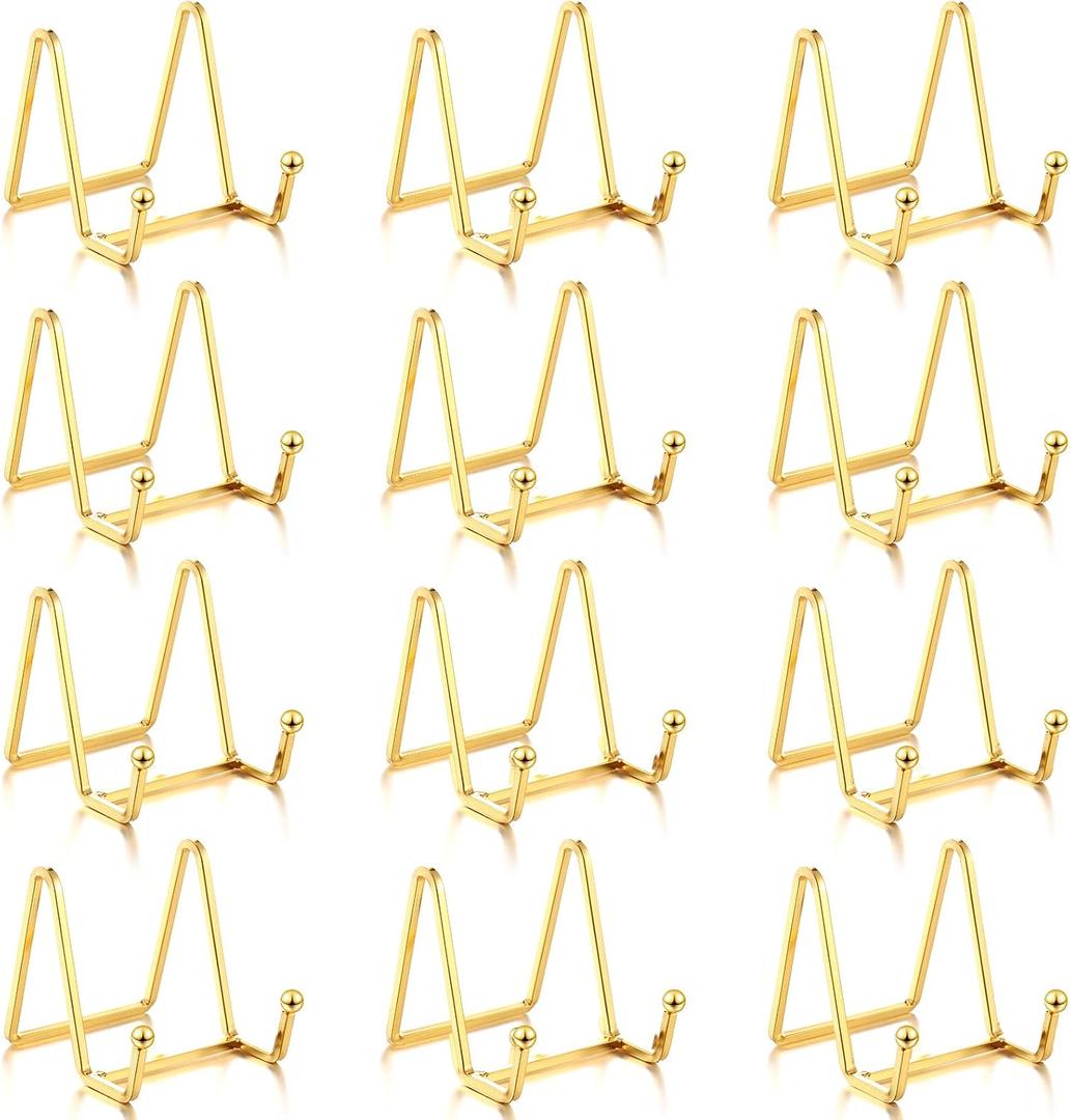 Kenning 12 Pieces Gold Plate Holder Easel Display Stand Metal Book Display Stand Tabletop Picture Frame Holder Photo Square Iron Easel Decorative for Kitchen Office Room Tabletop(3 Inch)