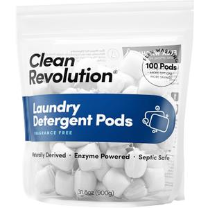 Clean Revolution Natural Laundry Detergent Pods, Fragrance Free, 100 Pods, Enzyme Powered Laundry Soap, Septic Safe, Made in the USA