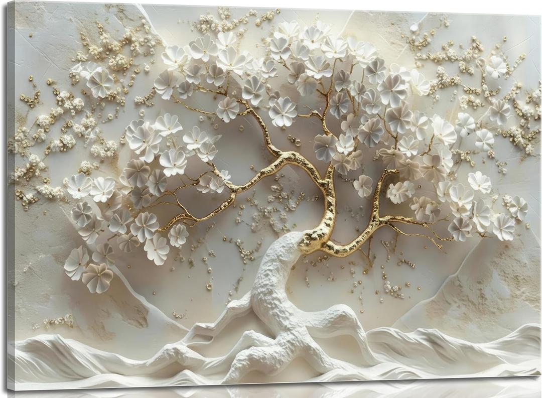 Large Tree of Life Canvas Wall Art Gold and White Big Tree Painting Picture Wall Decor Bright Botanical Floral Poster Print Artwork for Living Room Dining Bedroom Home 39x19 in