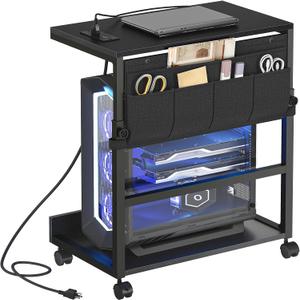 HOOBRO Computer Tower Stand, PC Stand with Charging Station, PC Tower Stand Height Adjustable Under Desk, Large CPU Holder Cart with Locking Casters & Storage Pockets, for Home Office, Bedroom BB72UCJ01