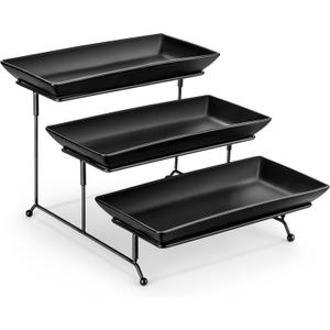 MALACASA 3 Tier Serving Tray, Porcelain Tiered Serving Trays Platters, 12 Inch Serving Stand with Platters,Black Dessert Stand with Collapsible Sturdier Metal Rack,Series PLAT