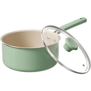 Redchef Ceramic Nonstick Saucepan with Lid, 3QT Small Cooking Pot,Non Toxic Sauce Pans for Kitchen, Cool Handle PFAS Free Compatible with All Cooktops, Green