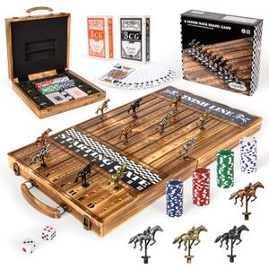 ropoda 23 inches Horse Race Board Game with 11 Luxury Horses,Foldable Wood Horse Racing Board Game with 100 Pcs Chips,2 Dice and 2 Boxes of Cards,Vintage Color