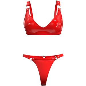 Women Sexy Leather Lingerie Set, High-Elastic Shorts, Glossy, Shiny Shaping Latex Bra Adjustable M