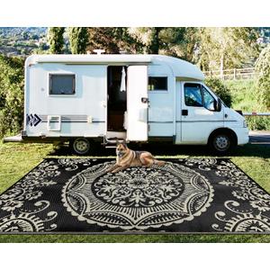 Capslpad Outdoor Rug 9x12 Patio Waterproof Boho Floral Plastic Straw Rug Large Foldable Vintage Outside Carpet with Carry Bag for RV Backyard Balcony Bench Picnic Porch, Camel