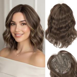 11 Inch Hair Topper for Women with Thinning Hair,Wavy Clip-In Wig Topper with Curtain Bangs, Synthetic Hairpiece for Daily Wear(Dark Ash Brown with Highlights)