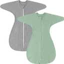 ZIGJOY Shark-Fin Transition Swaddle - 1.0 Tog Baby Sleep Sack Soft Cotton Transitional Swaddle Baby Wearable Blanket (6-12 Months, 2 Pack-green&grey)