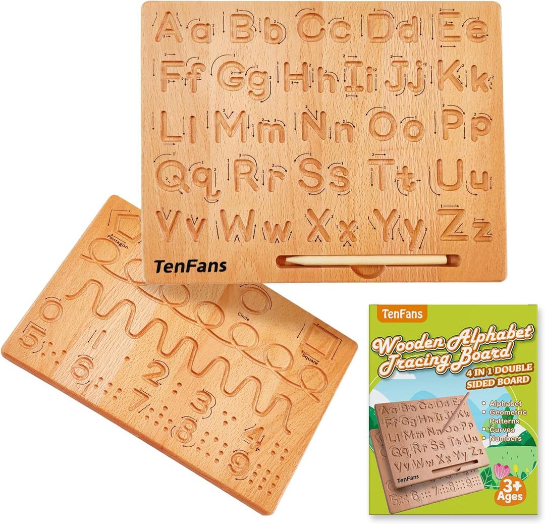 TanFans Wooden Alphabet Tracing Board - Montessori Educational Toy for Preschool - Fine Motor Skills Development - Learn to Write ABC - Double-Sided Letter Practice Tool - Ideal Gift for 3-5 Years Old (Alphabet Board)