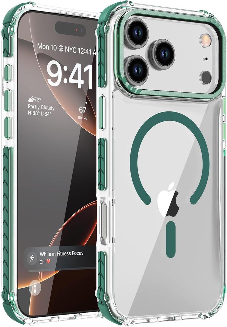 DEERLAMN Strong Magnetic Case for iPhone 17 Pro Max 6.9-Inch,[Compatible with Magsafe][Military Grade Drop Protection] Clear Slim Shockproof Protective Phone Cover-Transparent+Green