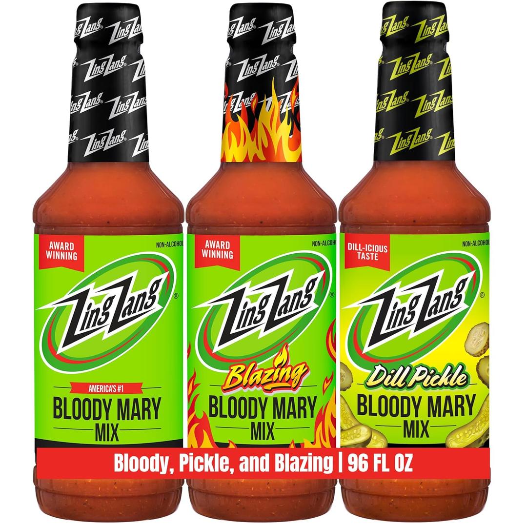 Zing Zang Bloody Mary Mix Variety Pack, (1) Original (1) Blazing (1) Pickle Bloody Mary, Non-Alcoholic Cocktail Mixer, 32 Fl Oz Bottles (Pack of 3)