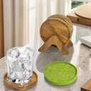 Acacia Wood Coaster Set of 8 with Holder - Dual-Material Design (4 Wood & 4 Absorbent Felt Pads) - 3" Non-Slip Furniture Protectors for Coffee Table, Home Bar & Office, Round Coaster Set