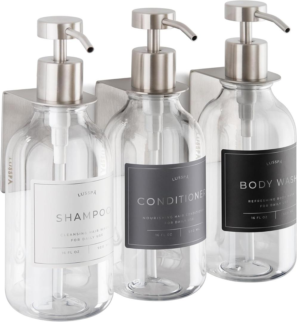 Shower Shampoo Dispenser Wall Mounted 3 Refillable 16.9 oz Clear Bottles with Stainless Steel Pumps & No-Drill Adhesive Holders Soap Dispenser Set for Bathroom (3 X Clear/Silver)