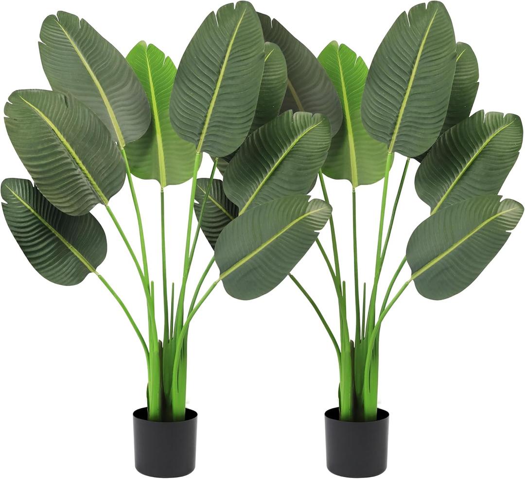 KOL 45in 2-Pack Artificial Bird of Paradise Trees, Fake Silk Tropical Banana Leaf Tree, Lifelike Faux Plants for Home Office Living Room House, Perfect Housewarming Gift, Indoor Outdoor Decor