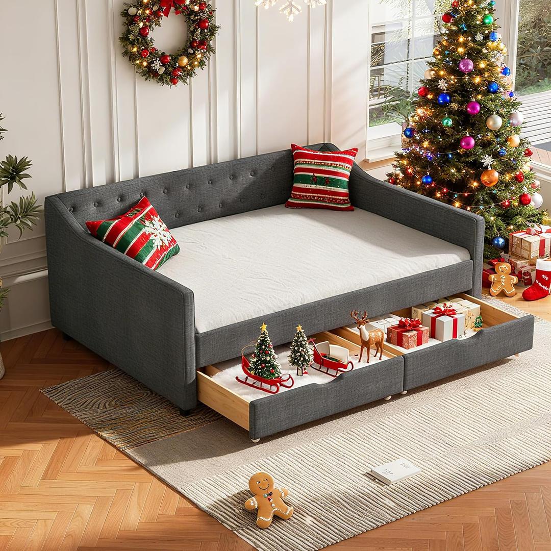 Full Size Upholstered Daybed with Two Storage Drawers,Tufted Sofa Bed w/Button on Back and Piping on Waved Shape Arms for Bedroom Guest Room, No Box Spring Needed,Dark Grey
