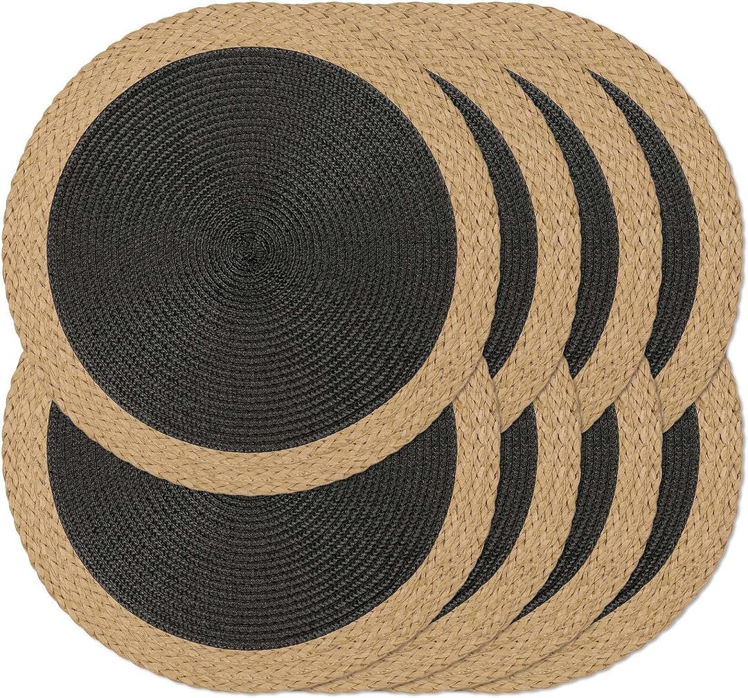 Noctiflorous Round Braided Placemats Set of 8 Table Mats 15 Inches Washable Heat Resistant for Dining Table Non-Slip Indoor Outdoor Place Mats for Thanksgiving Christmas Easter(Black Wide Edge 8)