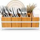 Bamboo Utensil Caddy with Handle - 5 Compartment Silverware Holder for Party & Kitchen Countertop - Removable Wooden Flatware Organizer for Picnic, BBQ, Buffet, RV & Outdoor Dining