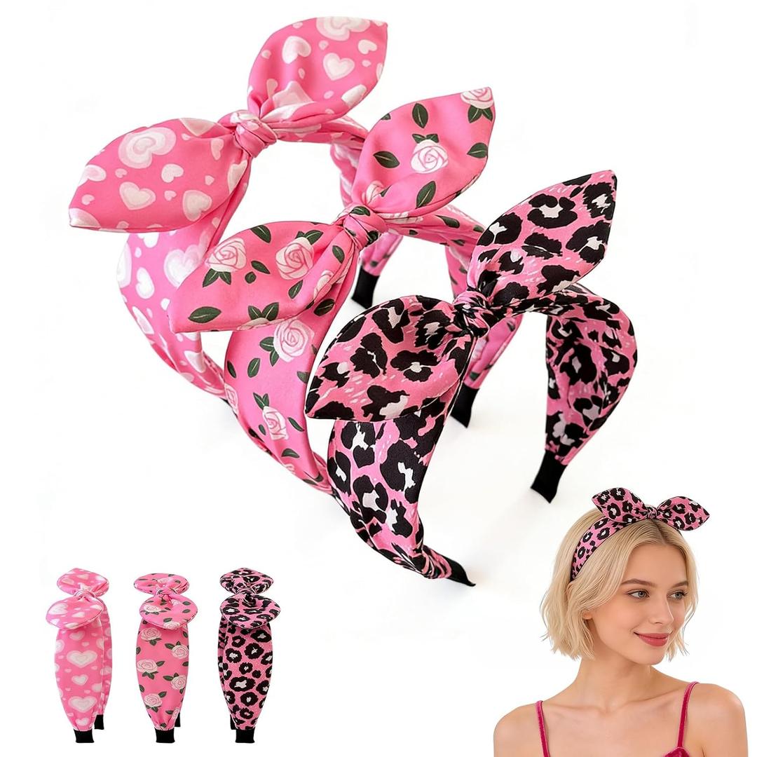 3 Pack Valentine's Day Headbands for Women & Girls, Heart Headbands Cute Knotted Headband Pink Heart Leopard Floral Print Bow Hair Hoops, Holiday Hair Accessories for Party & Gifts