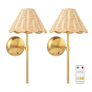 Battery Operated Boho Rattan Wall Sconce Set of 2, Stepless Dimming Magnetic Wall Lamp, 5200mAh Rechargeable Battery and Integrated LED, for Living Room Bedroom Hallway Corridor