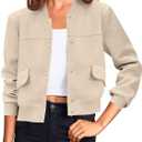 Tankaneo Womens Cropped Bomber Jackets Casual Button Down Long Sleeve Stand Collar Varsity Shacket Coats (Medium, Khaki)