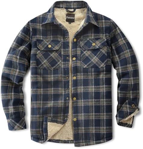 Puwasa Men's Sherpa Lined Cotton Flannel Shirt Jacket Plaid Button Up Jacket Coat for Men with Pocket Size 2XL