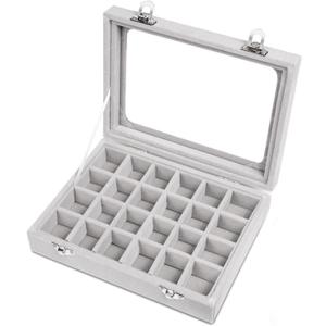 Jewelry Box 24 Grid Velvet Earrings Holder Tray Detachable Earring Case Jewelry Showcase for Drawers Glass Clear Lid Organizer Jewelry Display Storage Ring Trays (Gray)