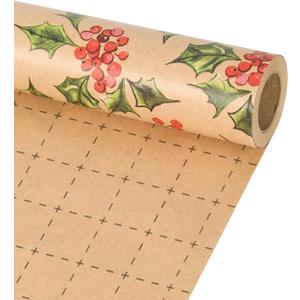 LaRibbons Kraft Christmas Wrapping Paper Mini Roll, Holly Leaves and Red Berries Pattern, for Classic Christmas, Winter Holiday Gift Wrapping, 17" x 33' (46.7 sq. ft)