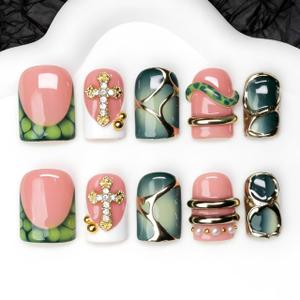 Handmade Square Press on Nails Green French Tip Short Stick on Nail 3D Silver Embossed Designs Luxury Rhinestone Pearl False Nails Muti-Layer Gel Acrylic Nails for Women Manicuare 10 Pcs（S)