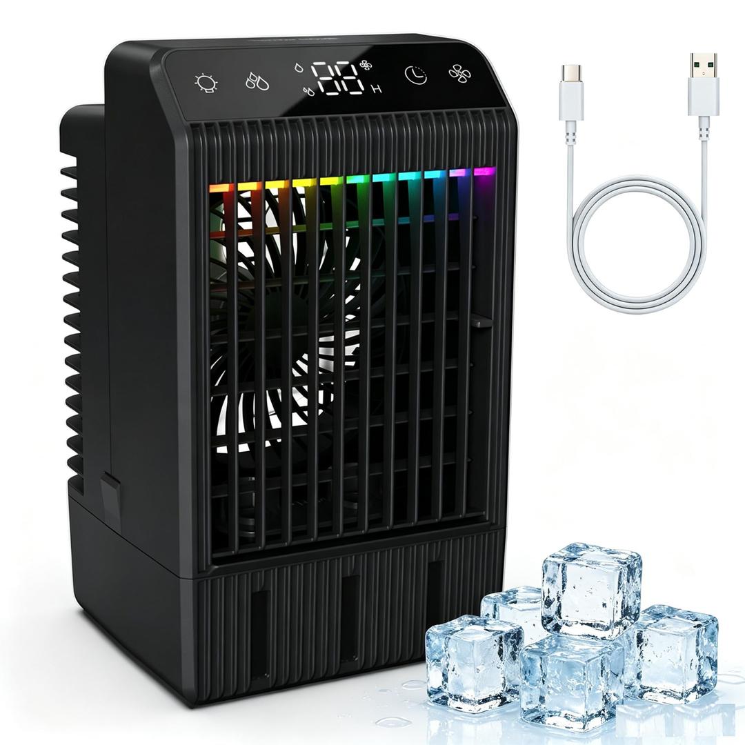 Portable Air Conditioner with LED Display, 1000ML Mini AC Air Conditioner 4-in-1 Air Cooler Humidifier with 7 Colors Light, Timer Personal Evaporative Air Cooler Cooling Fan for Bedroom Office Home