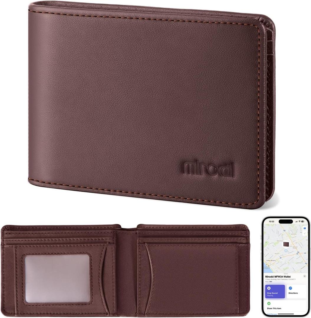 Miroddi Genuine Leather Mens Wallet, Works with Apple Find My, RFID Blocking Smart Wallet for Men, Holds up to 10 Cards, Slim Bifold Credit Card Holder with Cash Slot, Wireless Rechargeable, Brown