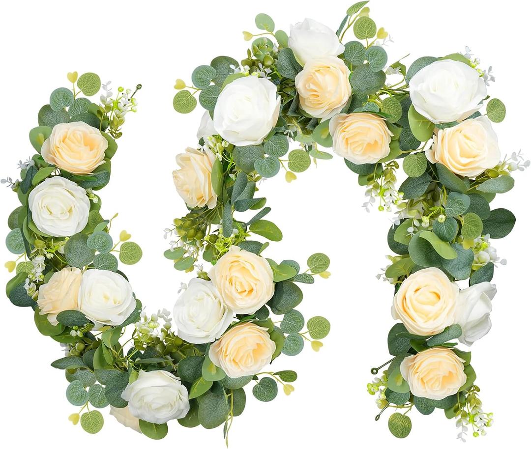 2PCS 13Ft Artificial Eucalyptus Garland with Flowers, Artificial Rose Garland Faux Floral Garlands Artificial Flower Vine, Flower Garland for Wedding Spring Home Party Table Runner Decorwith Light