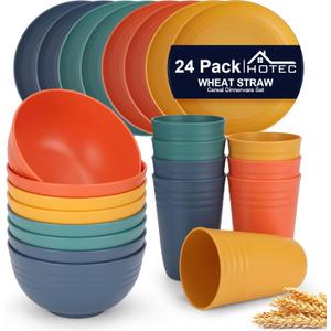 HOTEC 24-Pack Unbreakable Kitchen Plastic Wheat Straw Dinnerware Set  BPA-Free Plates, Bowls & Cups | Lightweight, Microwave & Dishwasher Safe | Multicolor Reusable Tableware for Home & Outdoor Use