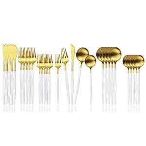 Flatware Silverware Set Stainless Steel Satin Finish Cutlery Set Service for 6, 30-Piece Spoons And Forks Kitchen Utensil Set, Dishwasher Safe (Matte White handle gold)