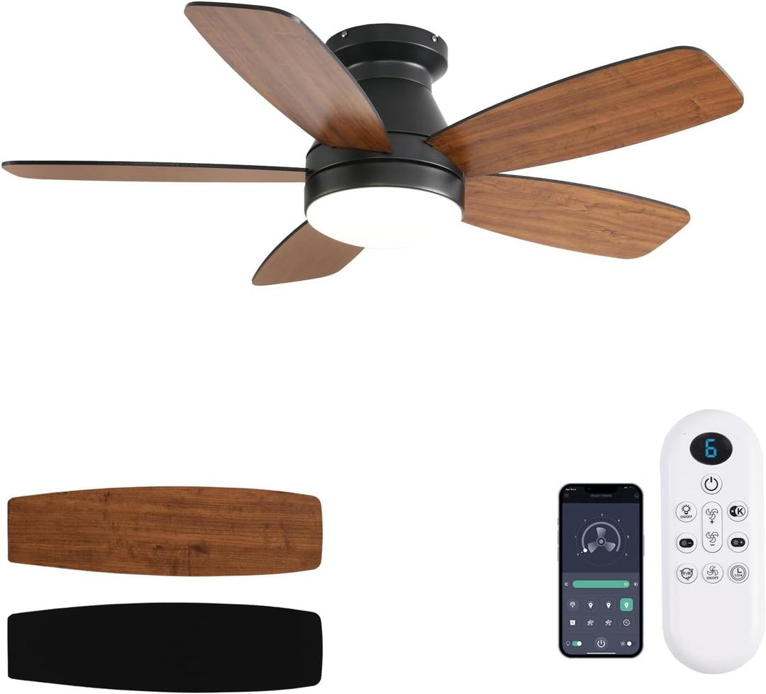 JSAITEE Ceiling Fans with Lights, 42 Inch Low Profile Ceiling Fan with Light and Remote/App Control, Flush Mount, Reversible, 3CCT, Dimmable, Noiseless, Brown Ceiling Fan for Indoor/Outdoor Use