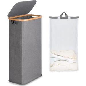 Slim Laundry Basket with Lid, Narrow Laundry Hamper with Removable Bag, Skinny Dirty Clothes Basket with Bamboo Handles for Bathroom, Bedroom & Laundry Room, 63L Grey