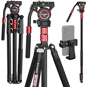 GF4 Fluid Head Tripod with Phone Mount, 78'' Professional Aluminum Heavy Duty Camera Tripod Monopod, Compact Portable Travel Tall Tripod Stand for Canon Nikon DSLR iPhone Camcorder,Max Load 26lb