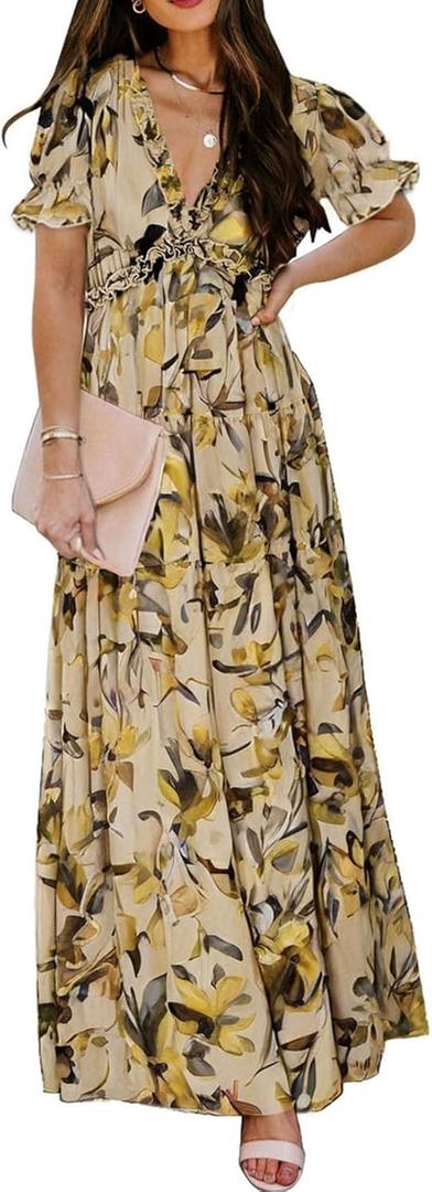 BLENCOT Womens Casual Boho Floral Printed V Neck Short Sleeve Long Evening Dress Ruched Cocktail Party Maxi Wedding Dress (Medium, Yellow)