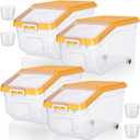 Sunnyray 4 Pcs Rice Storage Container 22 lb Airtight Flour Container with Wheels Measuring Cup Clear Pet Dog Cat Birds Food Bin Grain Cereal Organizer Box for Dry Baking Supplies(Yellow Lid)