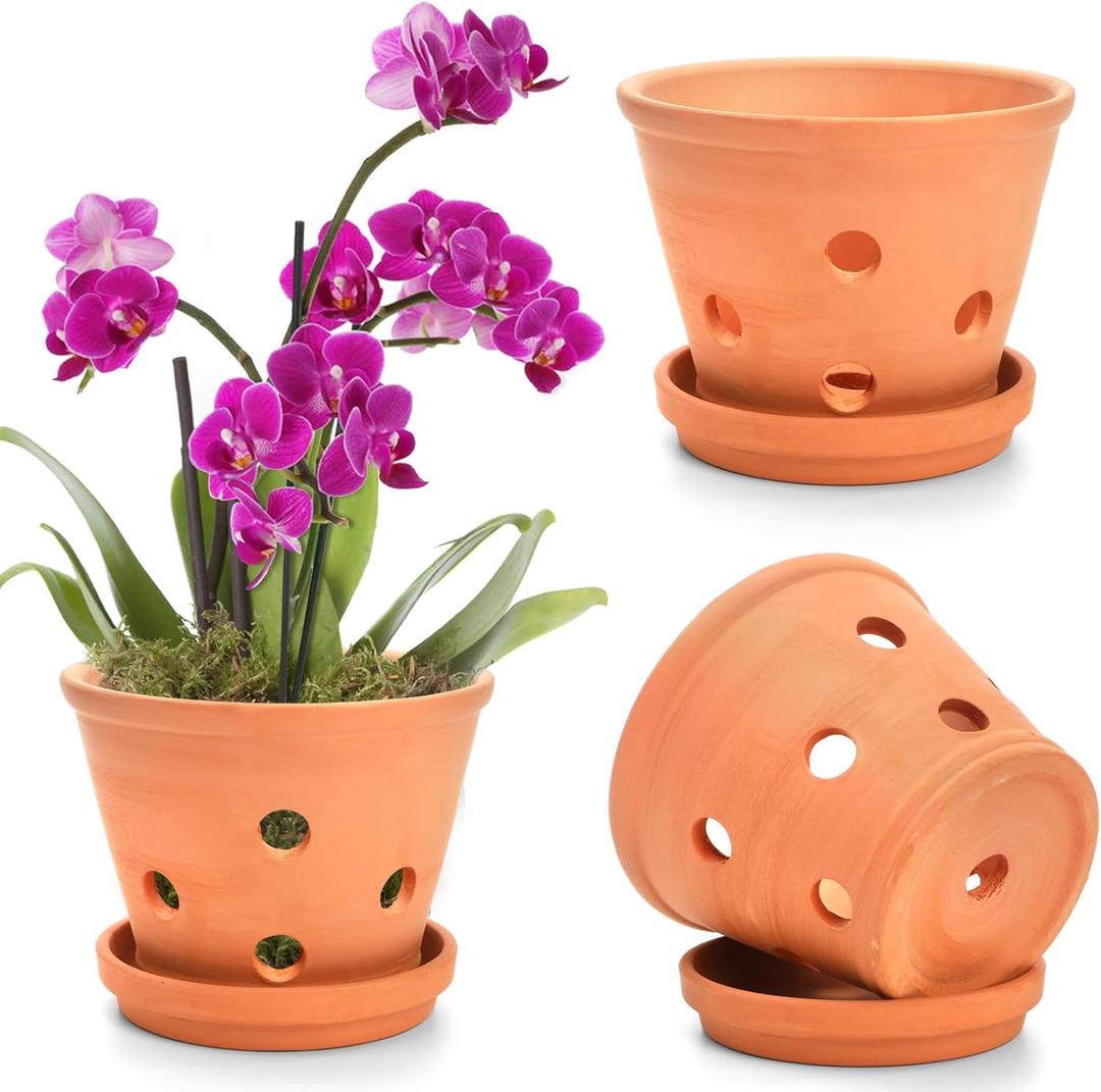 Jucoan 3 Pack 6 Inch Terracotta Orchid Pots with Holes and Saucers, Small Clay Flower Pots Terra Cotta Orchid Planter Pot for Repotting