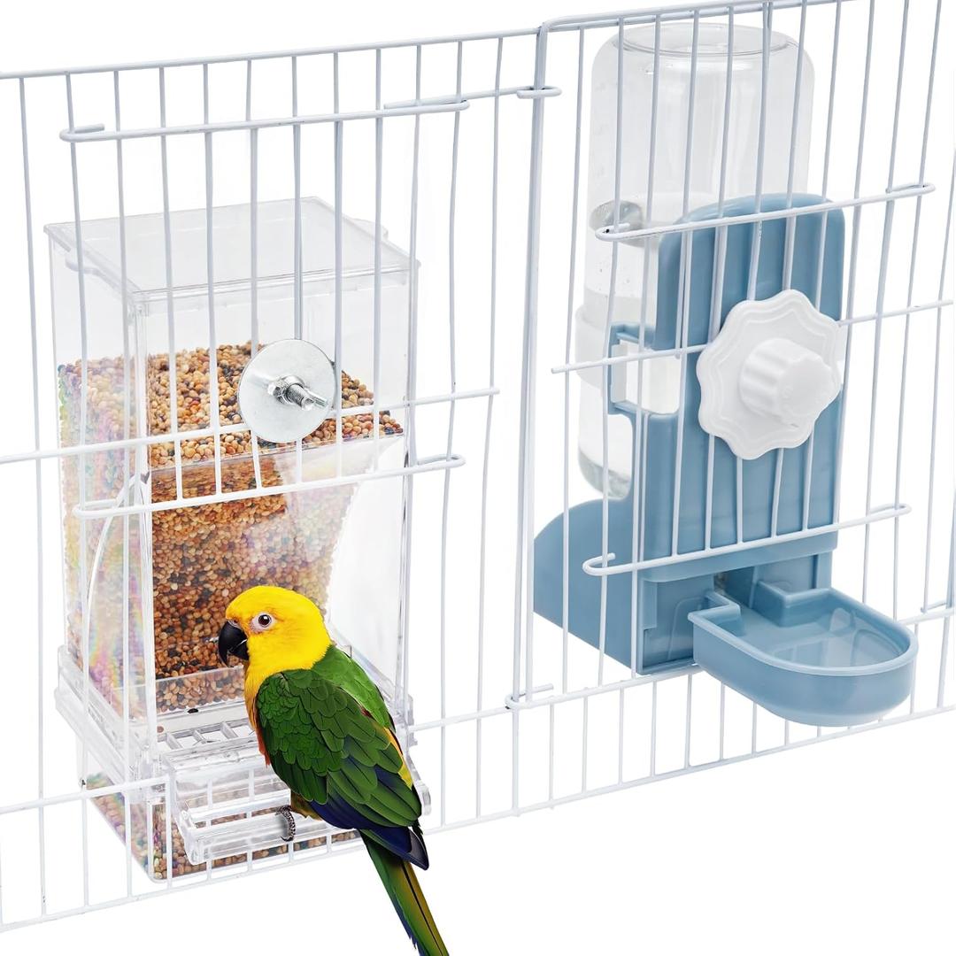 No Mess Bird Feeder Water Dispenser Set, Parakeet Cage Accessories, Bird Feeder and Waterers in Cage for Cockatiels, Finches, Lovebirds, Budgies, Canaries (blue)